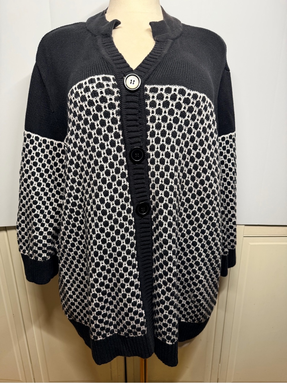 CJ Banks 3X Black Ivory Geometric 100% Cotton Grandpacore Cardigan Normcore